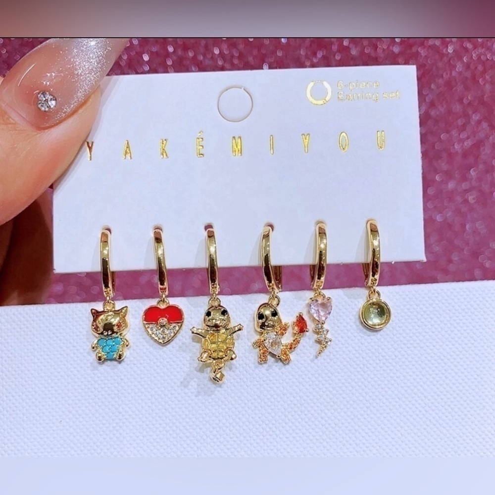 14K Gold Plate Pokemon Bulbasaur, Squirtle, & Charmander Hoop Earring